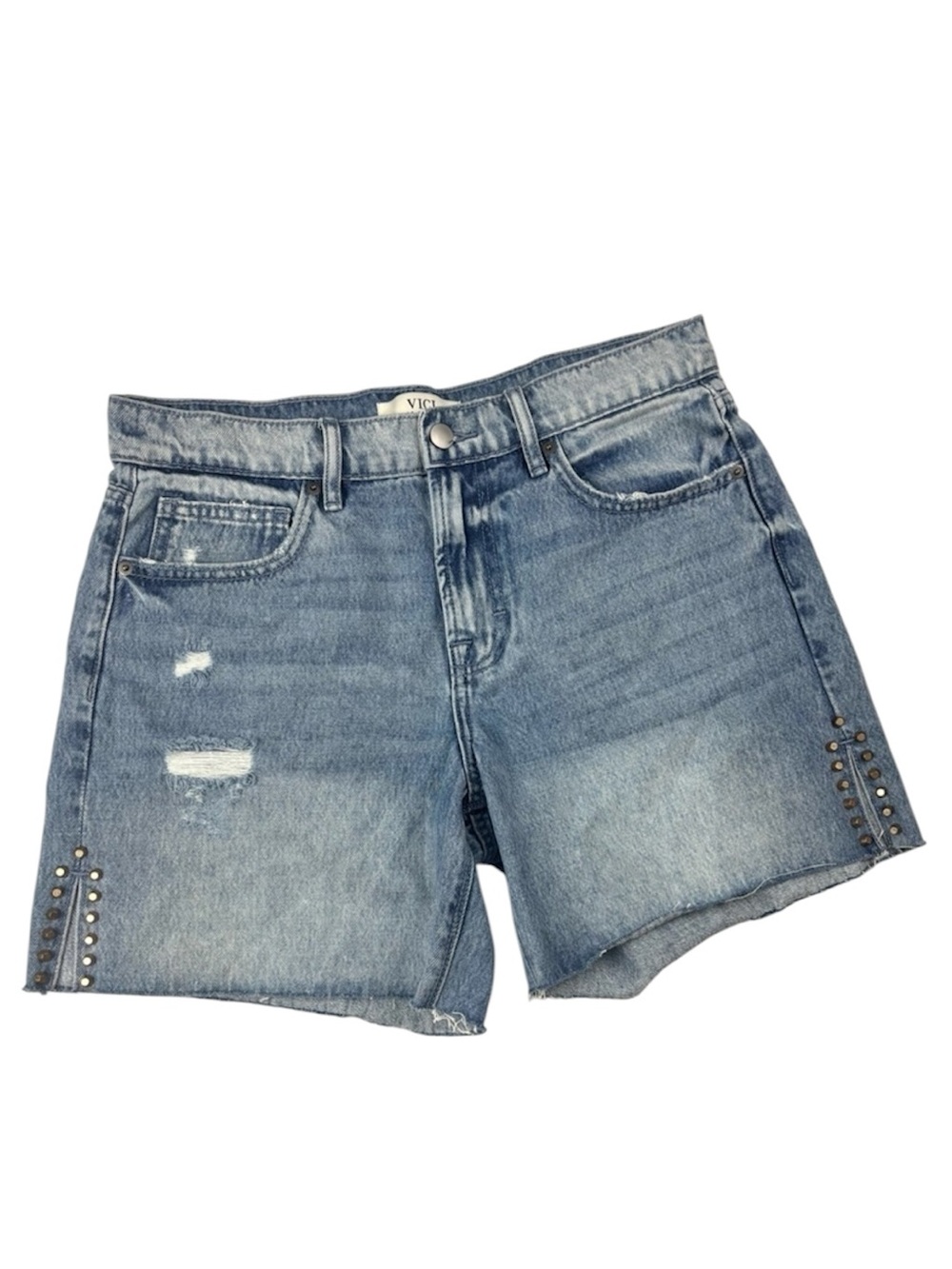 NWT Vici LA Light Wash Studded Raw Hem Midrise 100% Cotton Jean Shorts Size 27‎